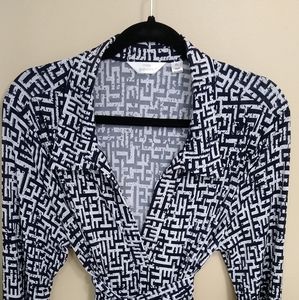 Belted 3/4 button shirt dress blue print that fades into yellow at bottom.